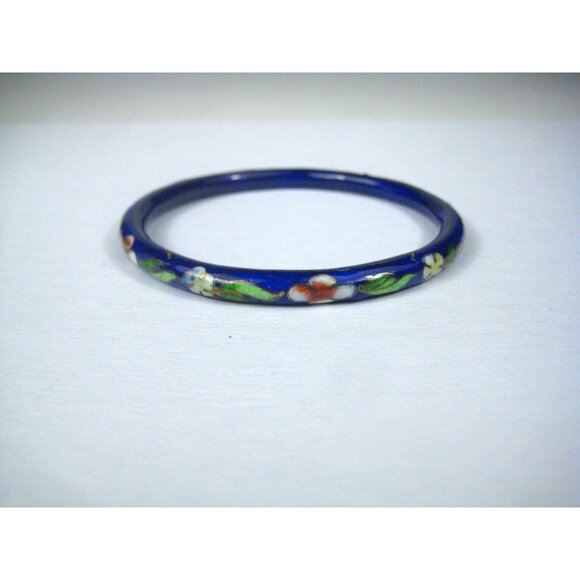 Vintage Blue Floral Cloisonné Bangle Bracelet Floral Enamel Flower - Picture 2 of 7